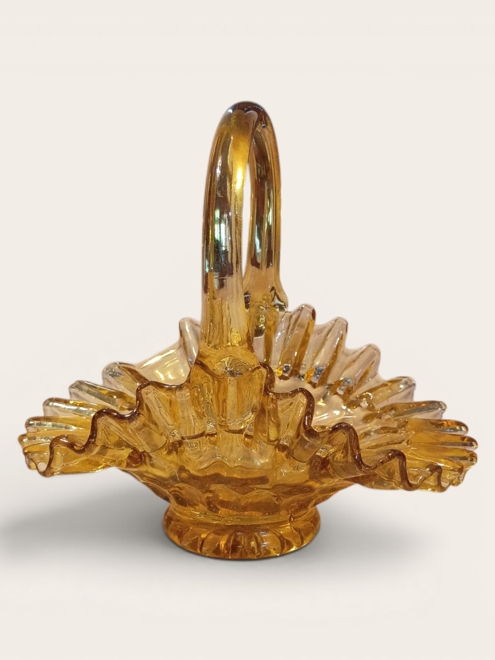 Golden Amber Ruffled Glass Basket with Arch Handle